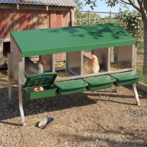 Metal Chicken Nesting Box - Heavy Duty Roll Away Nesting Boxes for Chickens Coop with Easy-Collect Tray & Lid, 4 Hole Galvanized Steel Egg Laying Boxes for Hens Ducks, Wall Mount or Freestanding - color: Green, size: 4 Holes with legs