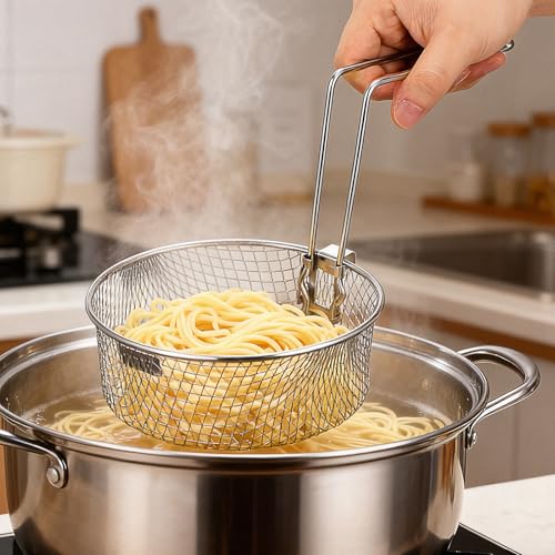 MAGICLULU Stainless Steel Fryer Basket with Detachable Handle, 6.7Inch Round Deep Frying Basket for Pot, Multifunctional Wire Mesh Strainer for Frying Serving Restaurants Kitchen Use