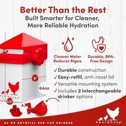 RentACoop 64oz (2 Liter) Automatic Drinker - BPA-Free Poultry Waterer with Auto-Fill Cup and Horizontal Nipple- Suitable for Chicks, Quail, Pigeons, Doves, and Other Smaller Birds