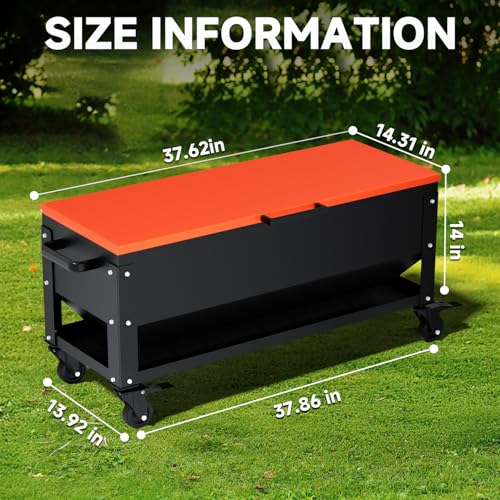 Heavy Duty Chicken Feeder 120 lbs Large Capacity, Metal Automatic Poultry Feeding Box with Waterproof Lid, Raised Standing Feeder with Wheels for Hens & Roosters, Portable & Easy to Move - color: Orange
