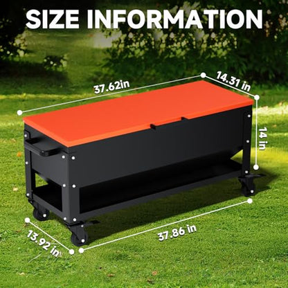 Heavy Duty Chicken Feeder 120 lbs Large Capacity, Metal Automatic Poultry Feeding Box with Waterproof Lid, Raised Standing Feeder with Wheels for Hens & Roosters, Portable & Easy to Move - color: Orange