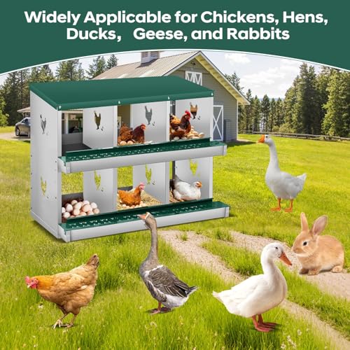 Metal Chicken Nesting Box, 6 Compartment, 2-Layer, Wall Mount or Free Standing, Perch, Secure Lid, Vented Holes, Easy Egg Collection – Poultry Coop Accessory – Green - color: Green, size: 37.0"L x 5.0"W x 14.0"H