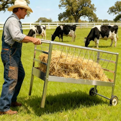 Goat Feeder with Wheels, 2-in-1 Galvanized Steel Livestock Feeder with 50 Gallon Grain Pan, Heavy Duty Hay Feeder for Goats, Pasture Horses & Pig Feeder, Silver (Silver) - color: Silver