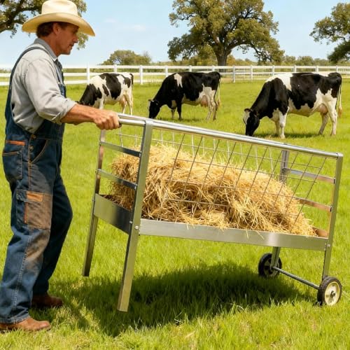 Goat Feeder with Wheels, 2-in-1 Galvanized Steel Livestock Feeder with 50 Gallon Grain Pan, Heavy Duty Hay Feeder for Goats, Pasture Horses & Pig Feeder, Silver (Silver) - color: Silver