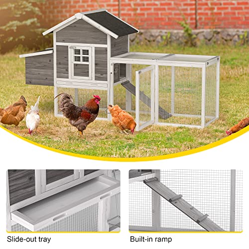 GOJOOASIS Chicken Coop for 2-4 Chickens Outdoor Grey Wooden Hen House Poultry Cage w/Wire Fence, Ramp, Nesting Box, Tray, Roosting Bar, 4 Access Areas (E) - size: E