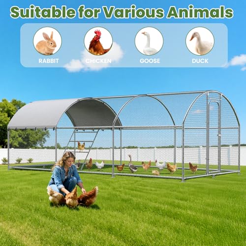 Large Chicken Coop with Roosting Perch, 10' L x 19.7' W x 6.4' H Walk-in Poultry Cage Chicken Run Chicken Pen Dome Shaped Coop with Waterproof Cover for Outdoor Farm Backyard Use - size: 236.2"L x 118.0"W x 78.0"H