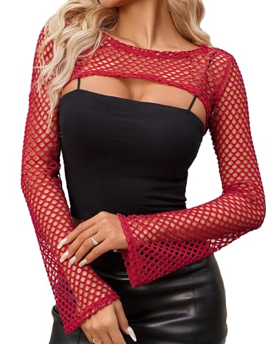 Avidlove Fishnet Crop Tops for Women Mesh Long Sleeve Top Bell Sleeves Y2k Tops Sexy Club Outfits XS-XXL - color: Dark Red, size: Small