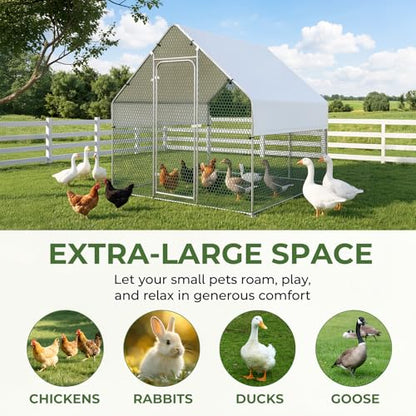 Large Chicken Coop Metal Walk-in Run 6.6' x 6.6' x 6.6', Heavy Duty Galvanized Steel Cage with Waterproof Cover, Secure Lock, Outdoor Pen Enclosure for Hens, Ducks, Rabbits - size: 79.0"L x 79.0"W x 79.0"H