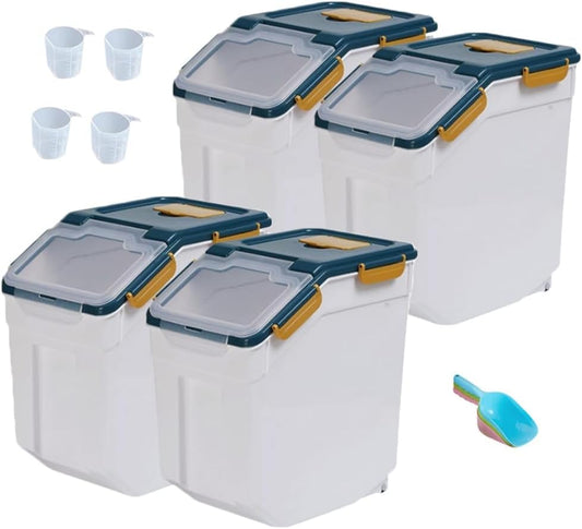 25LB Large Flour Storage Container Bin,4 Pack Airtight Plastic with Wheels Seal Locking Lid Dispenser Organizer Storage Bin with Measuring Cup & Scoop for Flour, Rice, Grain 100LBS Total - color: Blue/30lbs,4counts