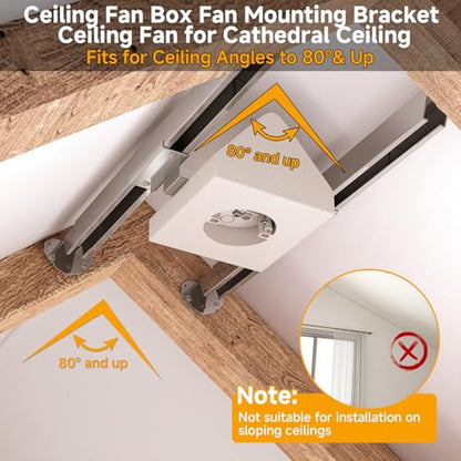 Ceiling Fan Box Mounting Bracket,14.5 Cubic-inches Adjustable Fan and Light Fixture Mounting Box, White Ceiling Fan Mount Box Bracket Kit for Cathedral Ceiling Angles of 80°or Up