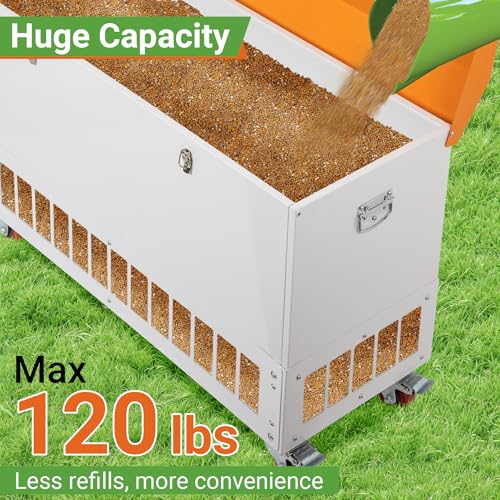 120LBS Chicken Feeder with Grille & Wheels, No-Waste Feeder w/ 38 Ports for 20 Chickens, Powder-Coated Steel Feeder w/Waterproof Lid, 37.6”x14.6”x26.2” - size: 120LBS