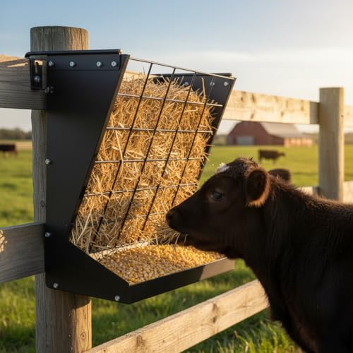Wall Mount Hay Feeder for Goats, Covered Feeder for Horses with Roof, 2in1 25 Gallon hay Rack & Grain, Hanging Hook on Fence Mount, Galvanized Steel Goat hay Feeder for Sheep Cattle - Black