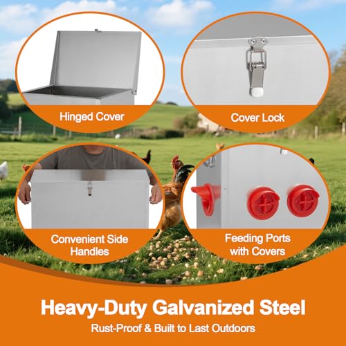 Automatic Chicken Feeder 85-120lbs Capacity, Galvanized Metal Poultry Feeding Equipment, Rainproof & Rodent Proof Large Chicken Food Dispenser for Backyard Coop & Farm Use (6 Ports) - style: 6 Ports(85-120LBS)