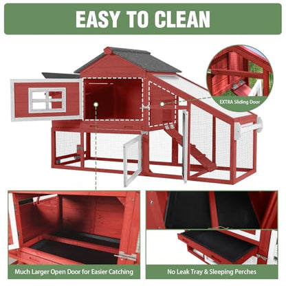 Chicken Coop with Wheels,Outdoor Hen House with Waterproof Asphalt Roof, Wooden Poultry Enclosure with Easy-Clean Slide-Out Tray,Poultry Cage with Nesting Boxes for Duck Rabbit Chicken