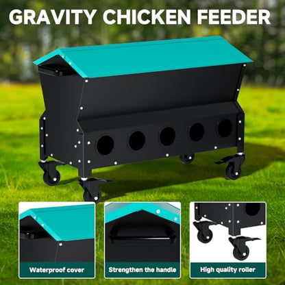 Heavy Duty Chicken Feeder 120 lbs Large Capacity, Metal Automatic Poultry Feeding Box with Waterproof Lid, Raised Standing Feeder with Wheels for Hens & Roosters, Portable & Easy to Move - color: Green