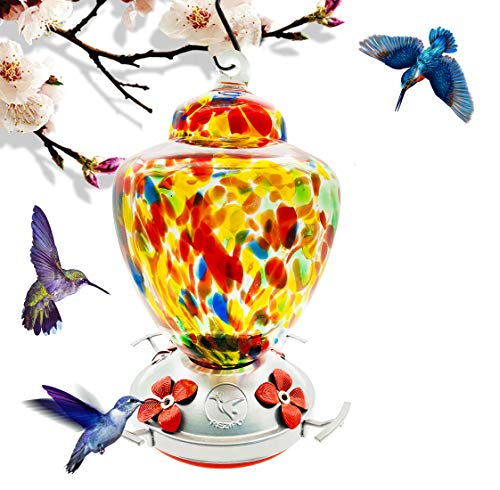 REZIPO Hummingbird Feeder with Perch - Hand Blown Glass - Colored - 38 Fluid Ounces Hummingbird Nectar Capacity Include Hanging Wires and Moat Hook - color: Colored