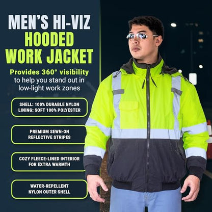 North 15 Men's High Visibility Reflectrd Hooded Safety Bomber Jacket, Fleece Lined - color: Yellow - Black, size: Medium
