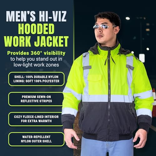 North 15 Men's High Visibility Reflectrd Hooded Safety Bomber Jacket, Fleece Lined - color: Yellow - Black, size: Small