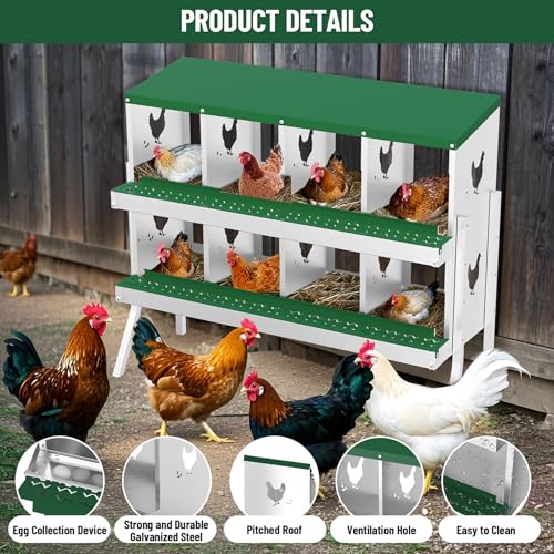 Chicken Nesting Box,8 Holes Galvanized Steel Metal Chicken Laying Box with Automatic Roll-Away Egg Collection System & Removable Tray,Wall Mount Nesting Boxes - color: Green, size: 8 Holes with Legs