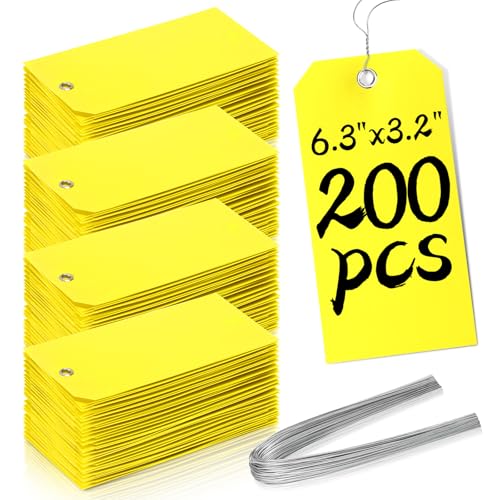 200 Yellow Plastic Hang Tags - 6 1/4 x 3 1/8, Heavy Duty, Write On, Ideal for Equipment, Car Parts, Inventory & Repair - color: Yellow