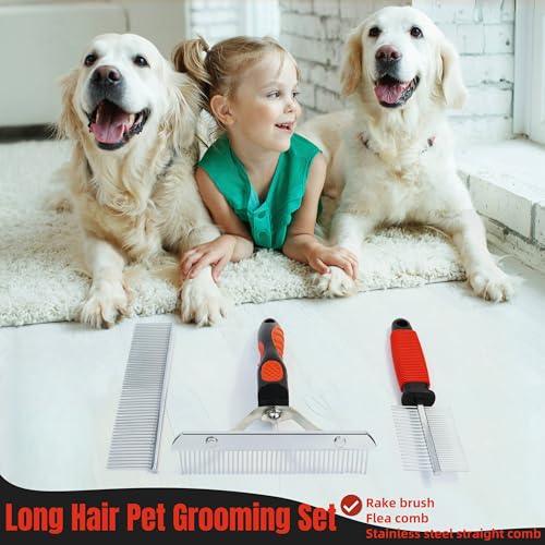 3-Pack Long-Tooth Pet Brush Set - Dog Rake Brush & Steel Shedding Comb & Double-Sided Teech Comb for Double Coat Large Dogs, Horses