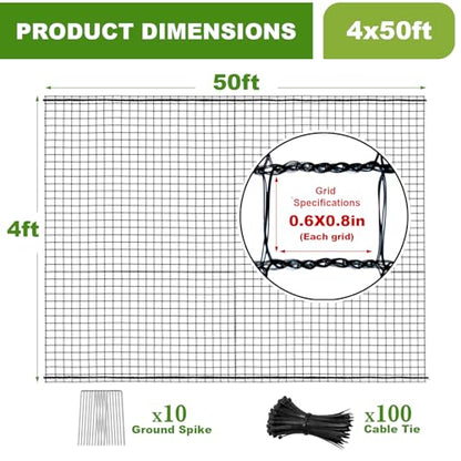 Deer Fence Netting, 4x50ft Heavy Duty Plastic Mesh Deer Fencing, 55GSM Garden Fence Animal Barrier, Bird Netting for Garden Protection, Reinforced Edge Temporary Fence for Tree Vegetable Raised Bed - size: 4x50FT