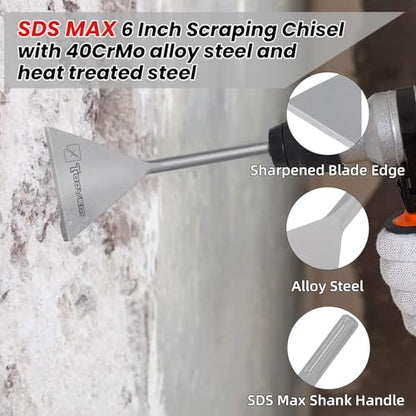 SDS Max Chisel, 6 Inch Wide Floor Scraper Tile Removal Scraping Chisel Bits, Steel Flat Shovel Bit Tool for Removing Floor, Concrete Mortar Thinset with SDS Max Shank Rotary Hammer Drills