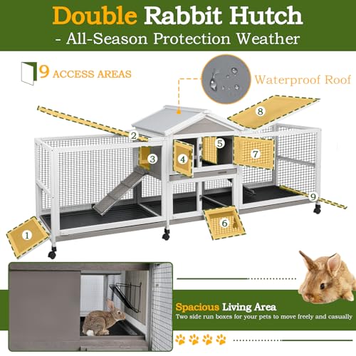PetsCosset Double Rabbit Hutch Outdoor Indoor Large Bunny Cage with Dual Side Runs, 2-Story Wooden Hutch with 4 Leak Proof Trays, 8 Wheels, Waterproof Roof, Ramp, for Small to Medium Animals - size: 93.0"L x 22.1"W x 35.0"H