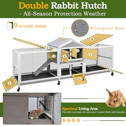PetsCosset Double Rabbit Hutch Outdoor Indoor Large Bunny Cage with Dual Side Runs, 2-Story Wooden Hutch with 4 Leak Proof Trays, 8 Wheels, Waterproof Roof, Ramp, for Small to Medium Animals - size: 93.0"L x 22.1"W x 35.0"H