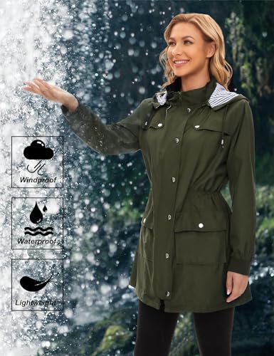 Bloggerlove Rain Jacket Women Lightweight Raincoat Waterproof Windbreaker Striped Climbing Outdoor Hooded Trench Coats S-XXL - color: Army Green, size: Large