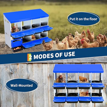 Chicken Nesting Boxes, Roll Away Nesting Box 8 Hole Metal Chicken Egg for Chicken Coop, Swing Perch and Rollout Egg Collection, Blue - color: Blue, size: 8 holes