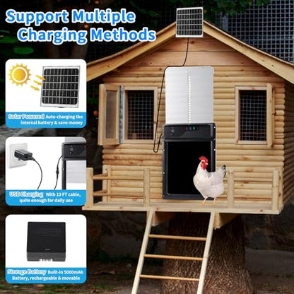 Automatic Chicken Coop Door Solar Powered USB Charging, Battery Operated, HD1080P Camera, Auto Pet Door Opener with Timer, Remote & APP Control, Anti-Pinch, Alarm Drive 4 Modes (Lift Door)