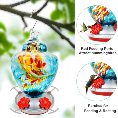 REZIPO Hummingbird Feeder with Perch - Hand Blown Glass - Blue - 38 Fluid Ounces Hummingbird Nectar Capacity Include Hanging Wires and Moat Hook - color: Blue