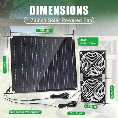 Chicken Coop Fan Solar Powered,25w Solar Panel Powered With Dual Ip67 Waterproof Fans For Green House，Shed,Dog House,2 Way Air-Flow Intake Or Exhaust Chicken Coop Fan Solar - size: 25W Solar Powered Fan Kit