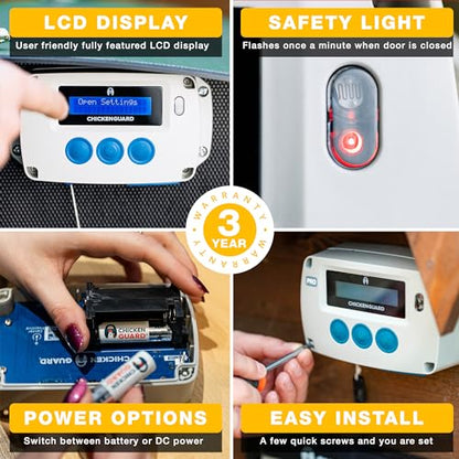 ChickenGuard Automatic Chicken Coop Door Opener, Power by Solar/Batteries/Electric. Strong Motor Lifts 2kg; Timer/Light Sensing; Motor Units only or Combination Kits (PRO + Batteries) - size: 6.5"L x 2.3"W x 3.6"H