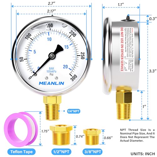 MEANLIN MEASURE 0~300Psi Stainless Steel 1/4" NPT 2.5" FACE DIAL Liquid Filled Pressure Gauge WOG Water Oil Air Lower Mount (Pack of 2), with 1/2" NPT and 3/8" NPT Hex Bushing - size: 0-300Psi (2Pcs)