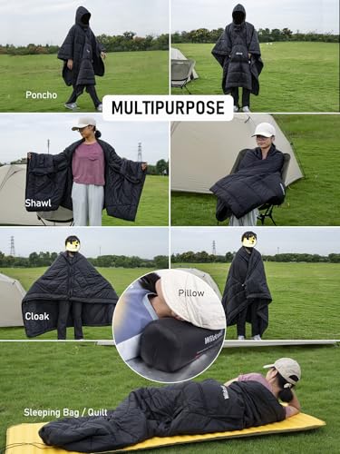 WildCall Hooded Camping Blanket with 3M Thinsulate Insulation Wearable Poncho Blanket Ultralight Foldable Quilt Sleeping Bag for Outdoor, Hiking, Stadium - color: Black