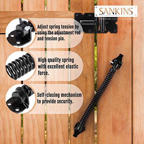 14" Gate Spring Self Closing Heavy Duty Outdoor Door Spring Automatic Metal Gate Closure Hardware with Adjustable Tool for Wooden and Vinyl Fence, Black