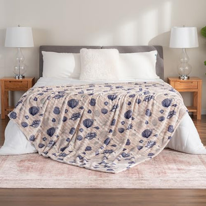 Berkshire Blanket-Classic Heavyweight Soft Printed VelvetLoft® Plush Blanket, Full/Queen Size Soft Fuzzy Warm Blanket for Couch Sofa Bed, Classic Shells Navy, 90in x 90in - color: Classic Shells Navy, size: Full/Queen