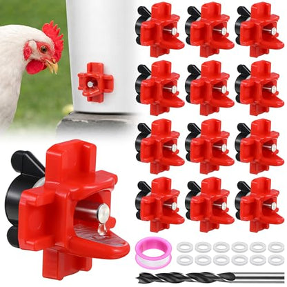 Dreyoo 12 Pcs Horizontal Chicken Waterer Nipples with Drill Bit, Leakproof Chicken Water Nipple, Durable ABS Plastic & Stainless Steel Poultry Watering Nipples for Coop Outdoor Use (Red)
