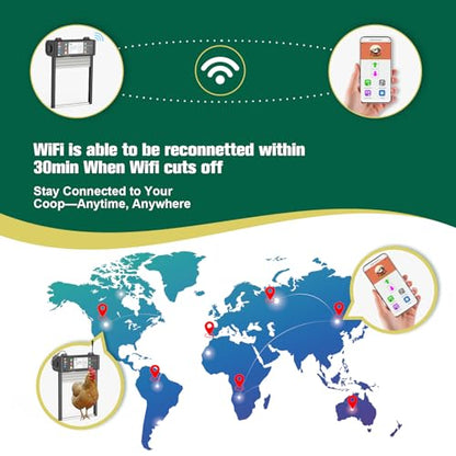 Automatic Chicken Coop Door, TUYA App Status View Solar Door WiFi Enable | Door Status show in the App via Wi-Fi; Timer, Light Sensor, Anti-Pinch, WiFi Reconnection, 4000 mAh Rechargeable