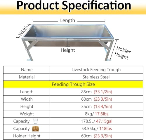 Large Capacity Animal Feed Trough Weatherproof, Stainless Steel Dogs Goats Cows Horse Watering Trough, Portable Poultry Pasture Feeders Outdoor Farms(L 85cm(33 1/2") x W 60cm(23 3/5")) - size: L 85cm(33 1/2") x W 60cm(23 3/5")
