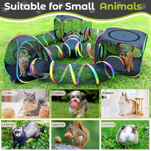CypherX Outdoor Rainbow Cat Enclosure, 7 in 1 Portable Cat Tents for Outside Cage Free Outside Pop up Pet Enclosure Cat Tunnel Outdoor Playground for Indoor Cats and Small Animals - size: 7 in1 Maze(9.8"W)