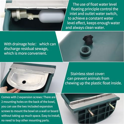 Plastic Automatic Water Bowl with Stainless Steel lid, Livestock Waterer for Cattle Horse Goat Sheep Dog, Water Trough Bowl with Float Valve (No Pipe)