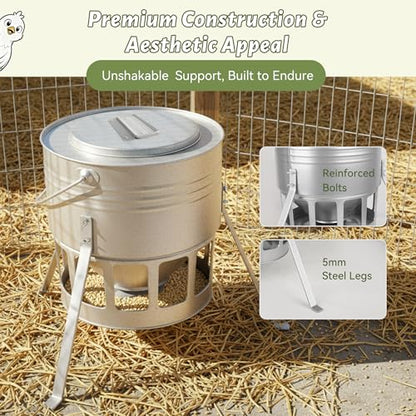 KOL Metal Chicken Feeder - 20lbs No Waste Chicken Feeder with 12 Ports, Powder Coated Rust-Proof Design & Smooth Edges for Safe Feeding (Silver) - color: Silver