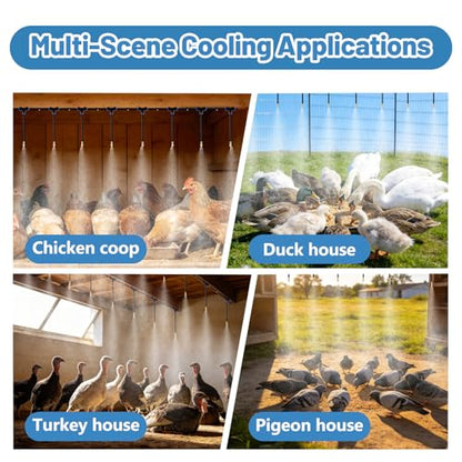 Kalolary 100FT Chicken Coop Misting Cooling System with 25 Mist Nozzles Brass Adapter (1/4"), Quick Connect Tubing Fittings Poultry Cooling System for Cooling Summer Heat Garden, Greenhouse, Patio - color: 100FT Blue
