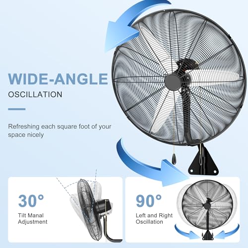 MEPTY 30" Wall Mount Fan, Heavy Duty Industrial Outdoor Wall Fan, High Velocity Oscillating Fans with 3 Speeds for Patio, Shop, Greenhouse, Garage, Commercial, Household use - size: 30inch