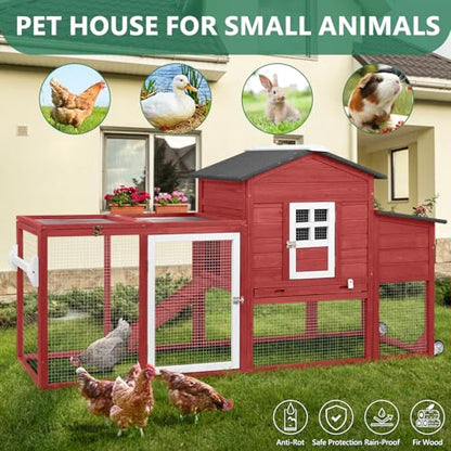 79" L Chicken Coop with Run, Mobile Chicken Hen House with Nesting Boxes, Wheels, Outdoor Indoor Rabbit Hutch, Poultry Cage for Chickens Ducks Bunny with Removable Tray, Ramp (Red) - color: 79" L Red