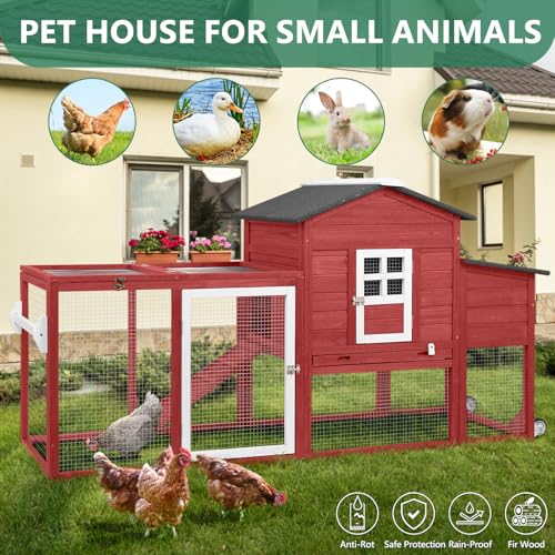 158" L Large Chicken Coop with Run, Chicken Hen House with Nesting Boxes, Wheels, Outdoor Indoor Mobile Rabbit Hutch, Poultry Cage for Chickens Ducks Bunny with Removable Tray, Ramp (Red) - size: 157.4"L x 22.0"W x 39.4"H
