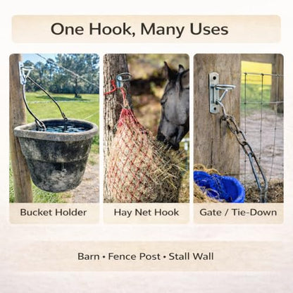 Horse Stall Bucket Hooks, Heavy Duty Metal Ring Bucket Hangers with J-Hook, Wall Mounted Water Feed Bucket Holder for Barn, Stable & Fence, Includes Screws, 4-Pack